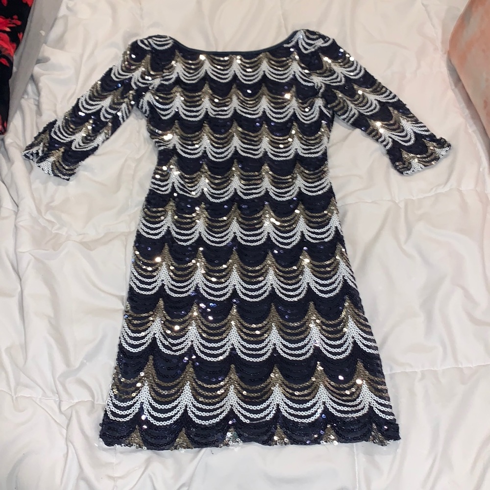 blue white and silver sequin dress